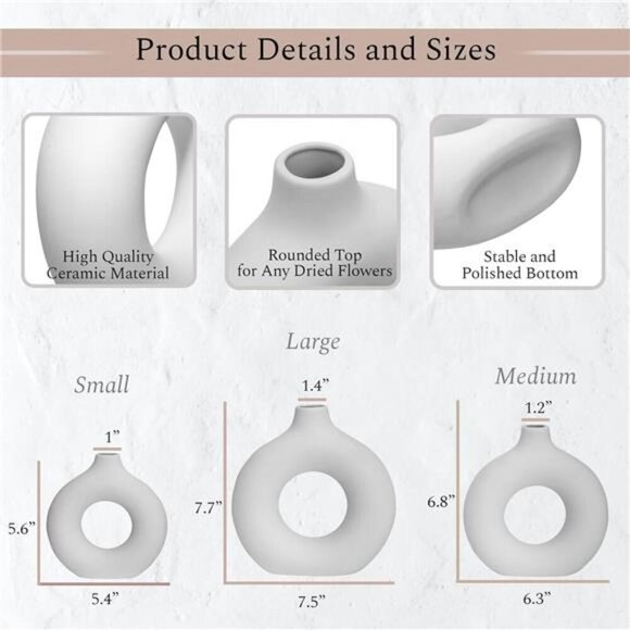 White Ceramic Vases with Dried Pampas Grass Set Home Decor Boho Room Gift - Picture 3 of 8